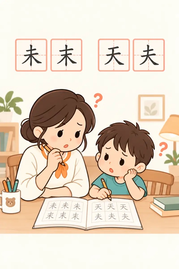 家長陪孩子對著字詞表練習寫字